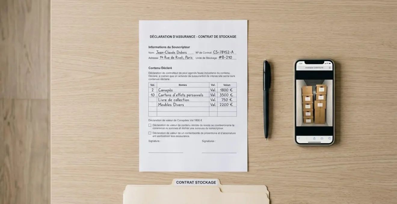 Bureau avec formulaire d'assurance garde-meuble en français, smartphone affichant inventaire photographique et chemise de contrat de stockage