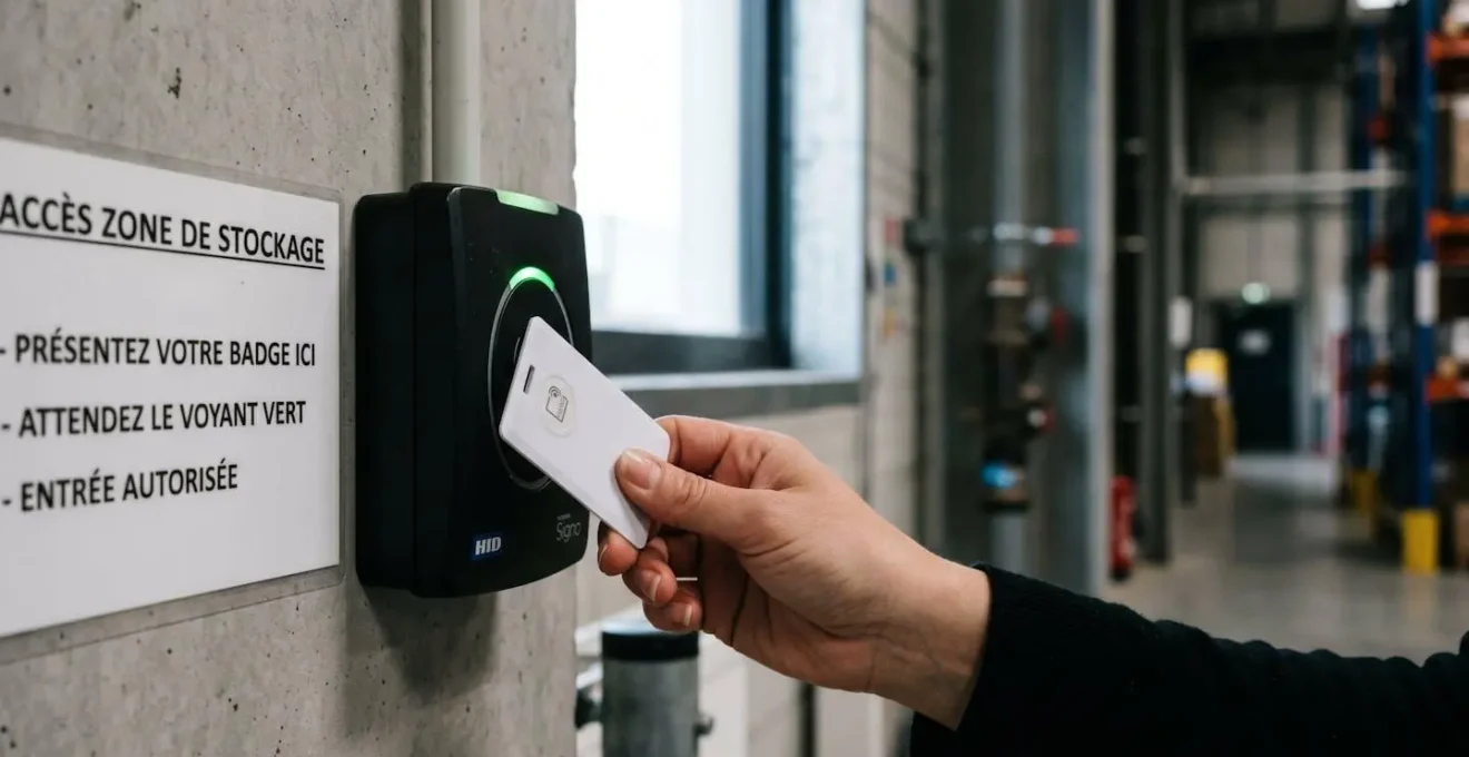 Main présentant un badge d'accès devant un lecteur RFID mural avec voyant vert de validation dans un entrepôt sécurisé