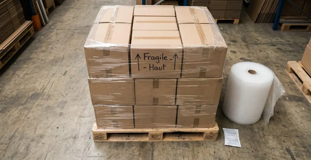 Palette Europe avec cartons double cannelure empilés, film étirable et matériel de protection pour conditionnement de marchandises fragiles